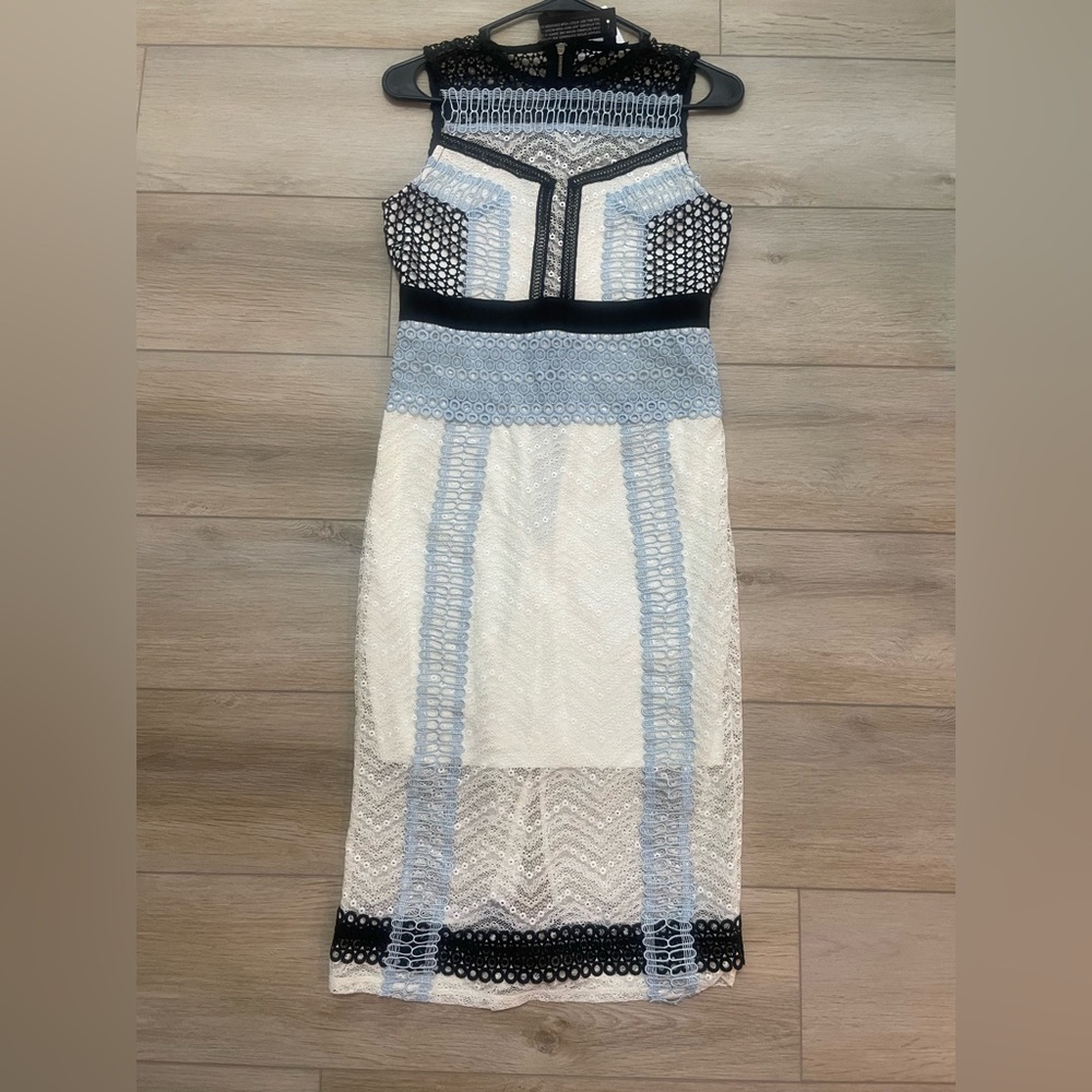 Topshop Black, Ivory & Light Blue Lace Midi Dress size 6P NWT